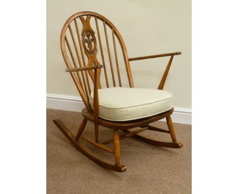 20th century hoop, stick and splat back beech and elm seat rocking chair with upholstered cushion 