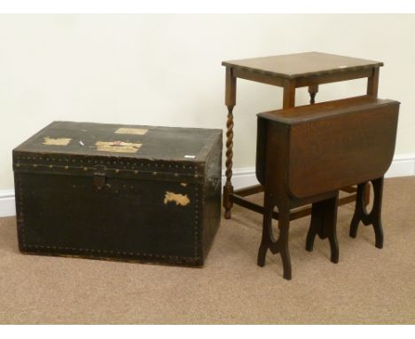 20th century wood and metal bound trunk fitted with hinged lid labelled W.J.Lovelace & Sons, Eastern style folding decorative