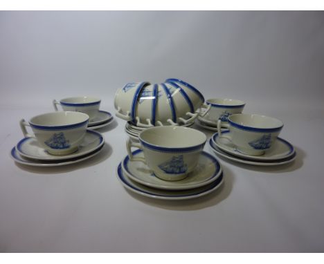 Spode 'Blue Clipper' teaware - six trios and five cups and saucers 