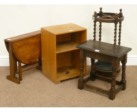 Barley twist stick stand, oak joint stool, small oak drop leaf table and a small light oak bedside