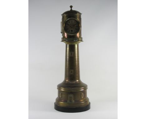 Late 19th century brass lighthouse clock, revolving top piece fitted with aneroid barometer and two thermometers in English a