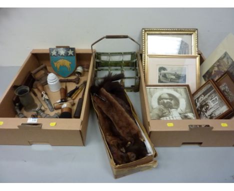Old milk bottle basket, fur stoles, leather working tools, Frank Meadow Sutcliffe and other prints, Art Deco lamp shades and 