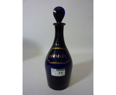 19th Century Bristol blue brandy decanter with gilt decoration 24cm