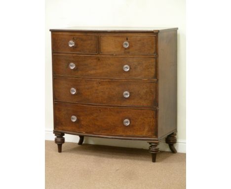 Early 19th century banded mahogany bow front chest fitted with two short and thee long drawers, W108cm, H117cm, D58cm