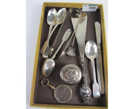 Silver ring box, Victorian shoe horn, flatware etc hallmarked and a gilt metal eye-glass