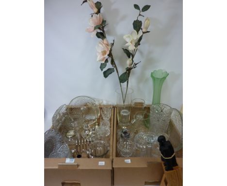 Two crystal water jugs, a set of six Stuart crystal dessert bowls, a decanter, silver plated trumpet vase other silver plate 