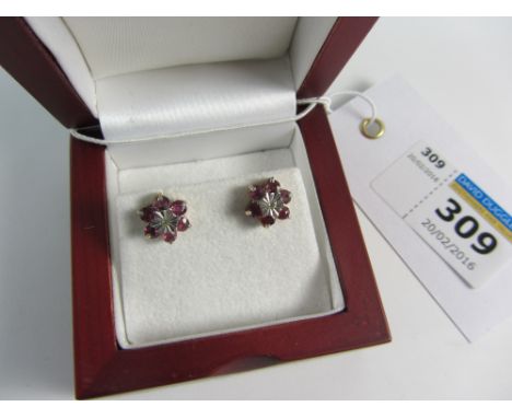 Pair flower set ruby and diamond ear-rings hallmarked 9ct
