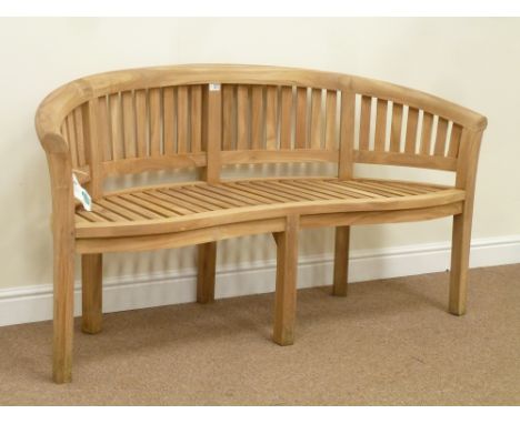 Teak garden bench with curved back and serpentine seat, W154cm
