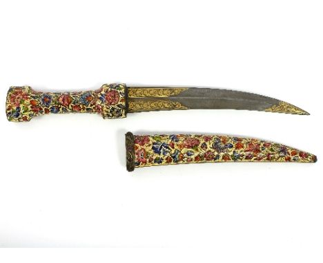 An Indo Persian enamelled khanjar, the handle and scabbard decorated flowers to a cream coloured ground, the blade with gold 