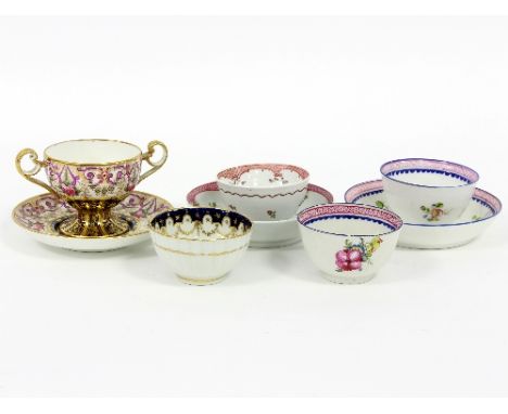 A quantity of 18th and 19th Century cups and saucers including New Hall examples   Condition Report:  Floral pink/blue New Ha