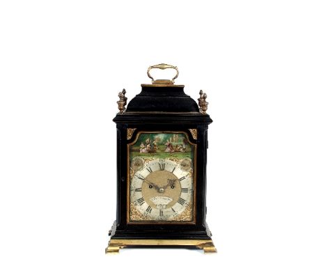 A mid 18th Century ebonised automaton eight-day bracket clock, the break arch dial with painted scene of musicians within a l