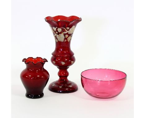 A ruby tinted vase with serrated border, 21cm high a smaller vase and a finger bowl