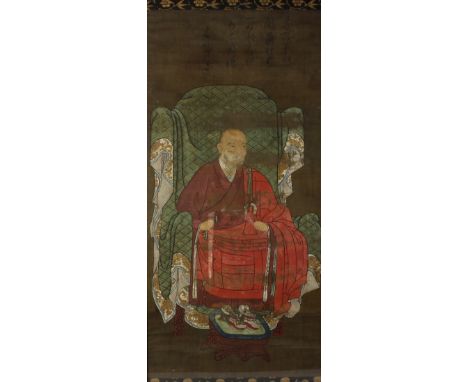 A Chinese ancestor portrait, the seated official holding a fly whisk, 96cm x 44cm and sundry Oriental pictures and prints   C