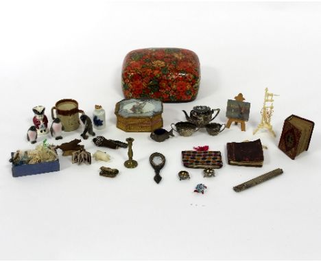 A quantity of miniature/doll's house items including ceramics, glass, an EPNS tea set, a silver pin cushion, SM & Co., Cheste