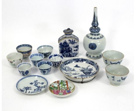 A Chinese blue and white water sprinkler with stiff leaf decoration to neck, repaired, 22cm long, a blue and white tea caddy 
