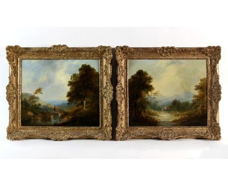 Mid 19th Century English School/Landscape with Figure on a Bridge/Landscape with Distant Buildings/a pair/oil on canvas, 29.5