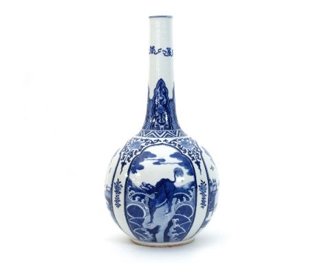 A Chinese blue and white bottle vase, apocryphal six-character Kangxi mark, the neck painted with stiff leaves below ribbon-t