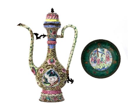 A Cantonese famille rose enamel ewer and cover, Qianlong, for the Middle Eastern market, the pear shaped body decorated with 