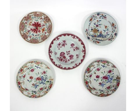 A Chinese export saucer dish decorated flowers in puce, 23cm diameter, a pair Chinese famille rose plates and two others   Co