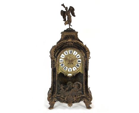 A 19th Century tortoiseshell and gilt metal bracket clock of boulle design with classical gilt metal figural finial, the engr