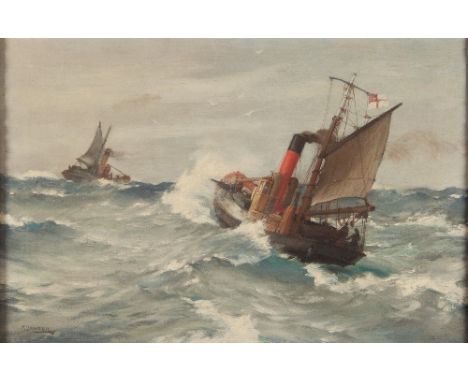Montague Dawson (British 1890-1973)/Tugs in the Open Sea/oil on canvas, 29cm x 44.5cm/Note: Artist's resale right may apply t