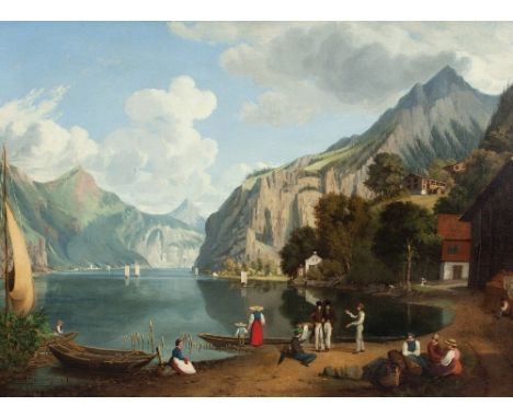 Early 19th Century Continental School/Alpine Lake Scene/figures conversing in the foreground/oil on canvas, 56cm x 76.5cm/see