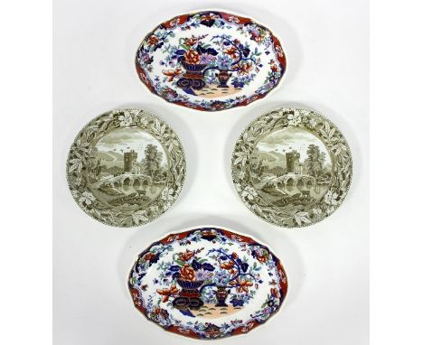 Two Spode plates, Round House pattern, 20cm diameter and a pair of Spode floral dishes, 28cm wide   Condition Report:  One Ro