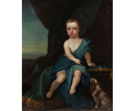 Circle of Charles D'Agar/Portrait of a Young Boy in a Blue Robe/seated on a table with King Charles spaniel beside/oil on can
