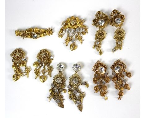 Costume jewellery by Askew London, comprising four pairs of ear pendants, a brooch and a bracelet   Condition Report:  Lot 21