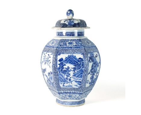 A Chinese blue and white jar and cover, of octagonal baluster form painted with panels of flowering bushes and landscapes, be