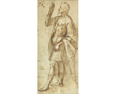 17th Century Northern Italian School/Portrait of a Soldier/sepia and ink on paper, 25cm x 11cm