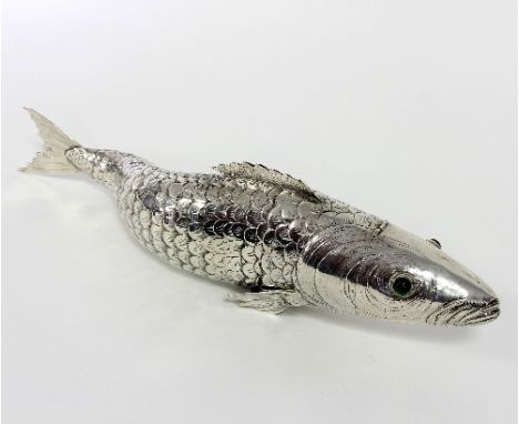 A large Hanau silver coloured metal articulated fish spice box, with jewelled eyes, the head hinged and with engraved scales,