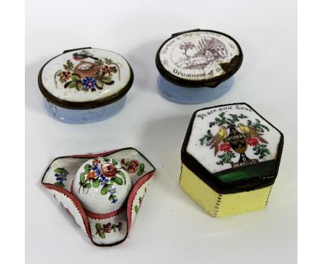 An hexagonal enamel box, the cover with motto 'Peace and Love', 4.5cm wide, two Bilston enamel oval boxes and an enamel trico