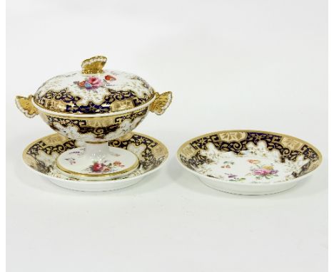 A Spode dessert tureen, cover and two stands, painted roses within gilt reserves and blue borders, pattern no. 3826   Conditi
