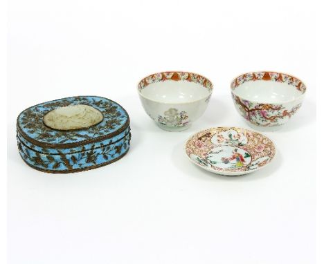 A Chinese enamel box, the cover with carved oval plaque to centre, 12cm wide, two Chinese tea bowls and a saucer   Condition 
