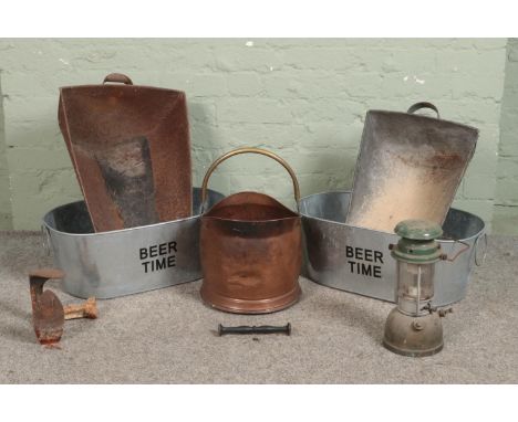 A collection of assorted items, to include Willis Bates 'Vapalux' light, copper coal basket, two coal scoops and ice buckets.