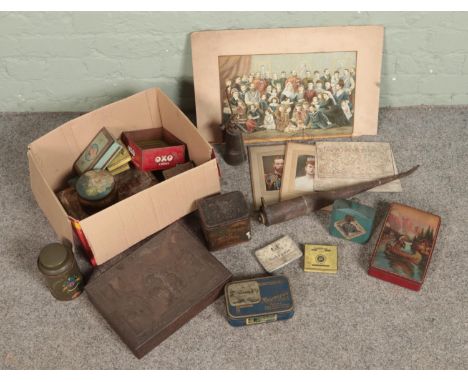 A box of assorted vintage tins along with a small collection of British Royal Ephemera to include portraits of King George an