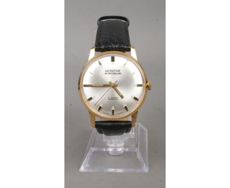 A Gent's manual wind Montine of Switzerland wristwatch on black leather strap. With silvered dial and baton markers; 17 jewel