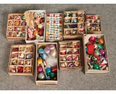 A box containing a good collection of vintage Christmas decorations in original storage boxes. Includes baubles, angels, bell