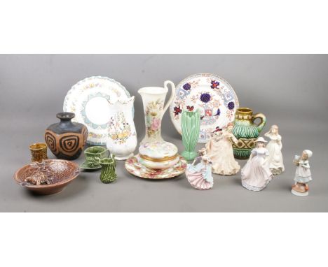 A tray of named ceramics, to include Poole jug, Royal Albert Old Country Roses, Wade, West Germany, Crown Staffordshire and M