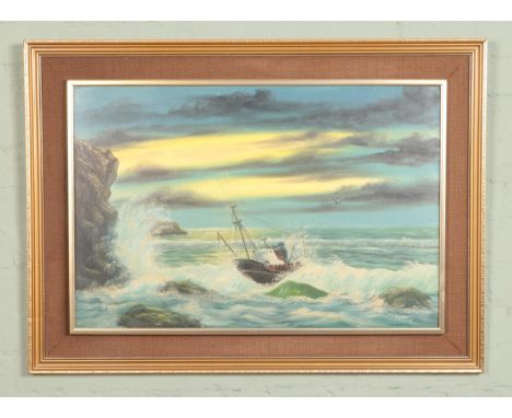 Keith Sutton (Blackpool Artist 1924-1991); a framed oil on board seascape of a fishing boat on choppy seas heading towards ro