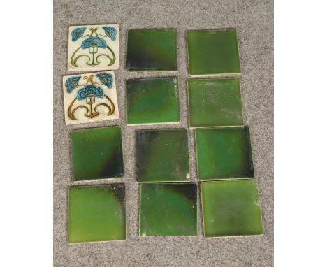 A collection of vintage ceramic tiles to include quantity of Minton Hollins green glaze examples.  