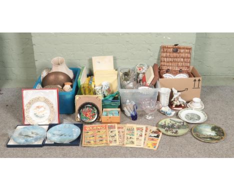 Four boxes of assorted miscellaneous, to include boxed Limited Edition Coalport and Spode cabinet plates, glass swans, wicker