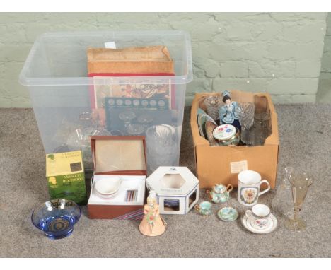 A box of assorted ceramics, glassware and ephemera to include vintage postcards, Mason's, Ringtons, cabinet plates, etc.  