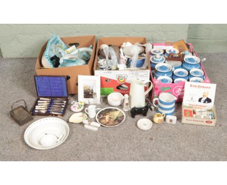 Three boxes of miscellaneous ceramics to include Cornish Ware, Bretby, Carlton Ware, Crested Ware, cigarette cards, etc.  