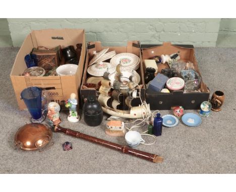 Three boxes of miscellaneous to include Meissen tea cup, horn table lamp formed as a ship, paperweights, vintage medicine bot