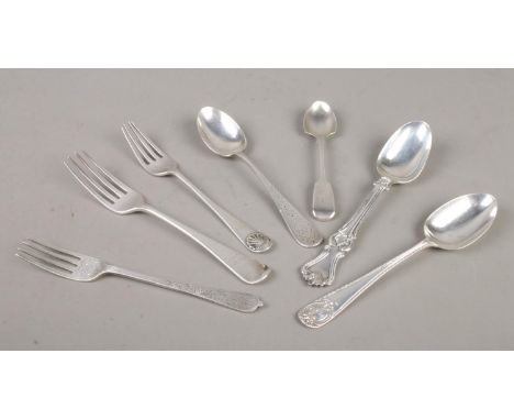 A collection of assorted silver flatware. To include George III fork with 'Joan Gattell' engraved to the handle, assayed Lond