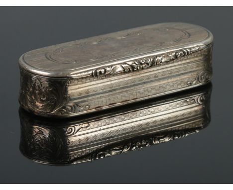 A Victorian silver snuff box of oblong form, with scrolled and engine turned detailing and blank top. Assayed for Birmingham,