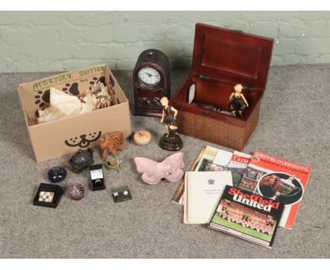 Two box of assorted collectables to include small quantity of costume jewellery, ceramic figures, carved elephant, Macey moth