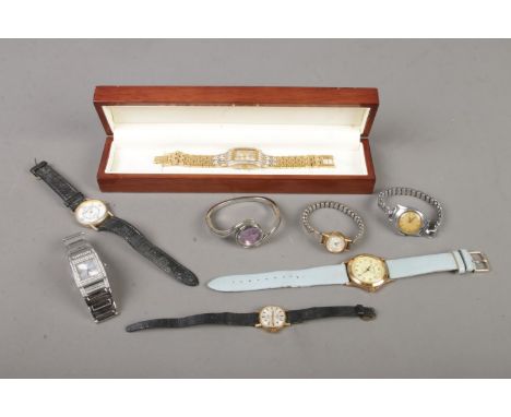 A collection of ladies wrist watches including Montine, Ingersoll Diamond Special set with white and black diamonds, French C